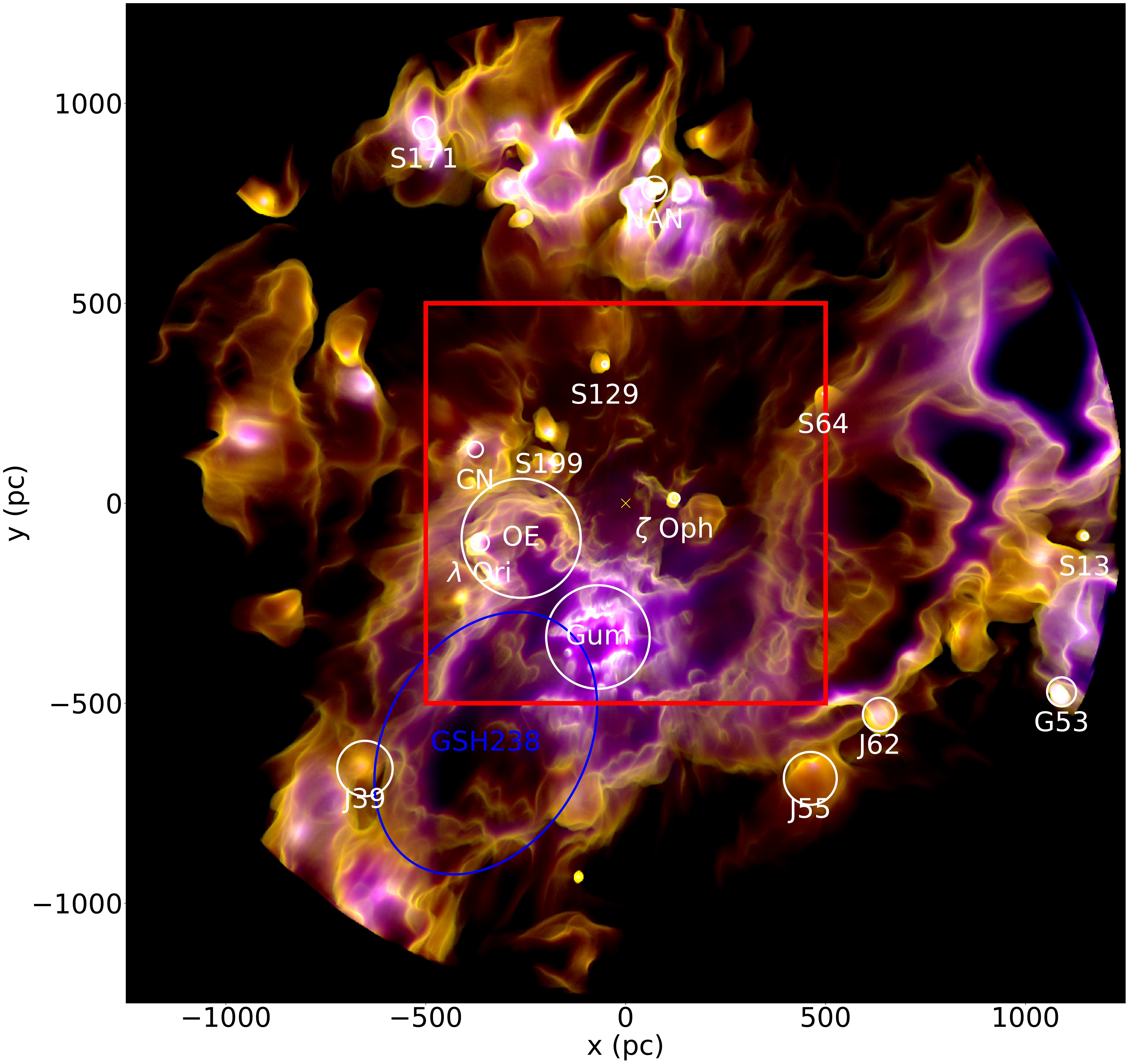 Face-on false-colour view of local ionized gas with named H II regions