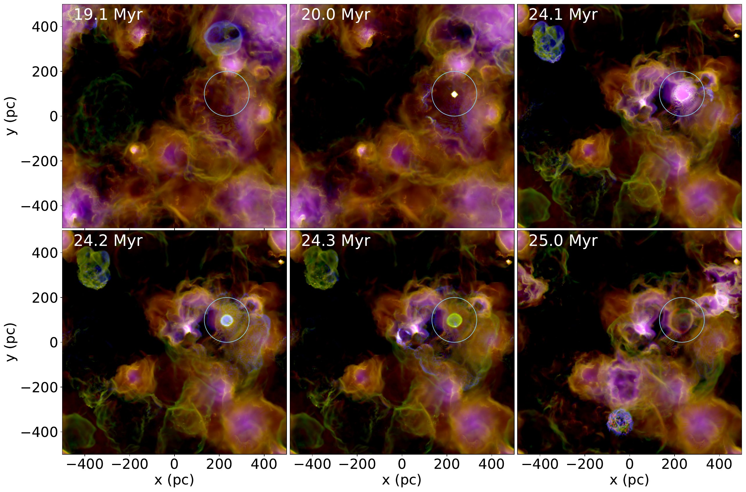 Six time steps following the environment of a massive star from before birth through its supernova remnant